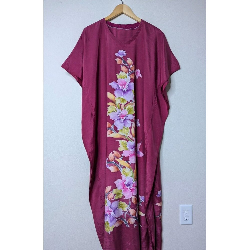 Vintage Floral Tropical Hawaii Muu Muu/ Kaftan Maxi Dress Pink Kimono One Size